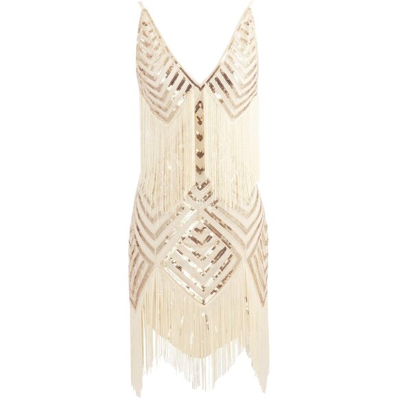 Women's Mini Dress Polyester V Neck Spaghetti Strap Gatsby 1920s - Picture 1 of 5